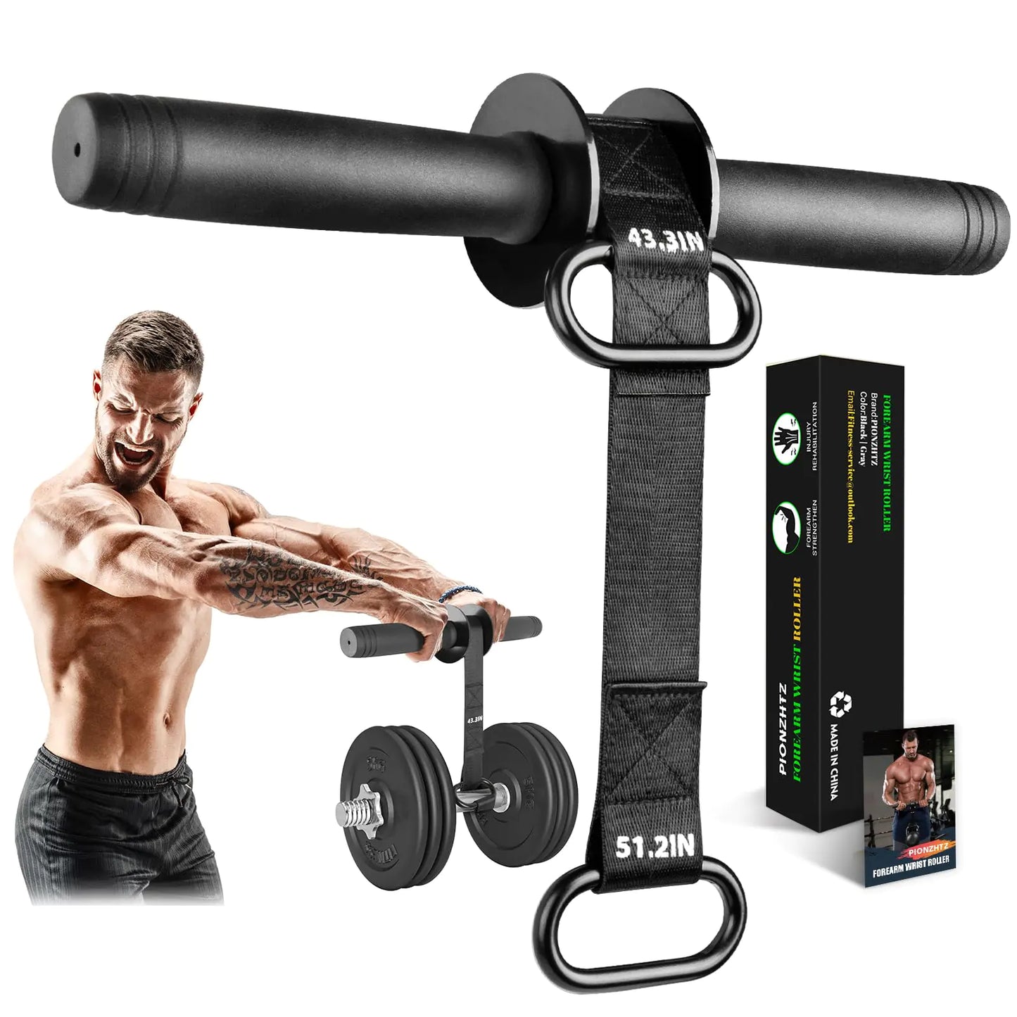 Forearm Exerciser Wrist Roller TPE Anti-Slip Handles Forearm Strengthener with 43.3 in Or 51.2 in Ultra-Strong Nylon Strap Grip strength Trainer with Quick Lock for Arm Strength Training (Black)